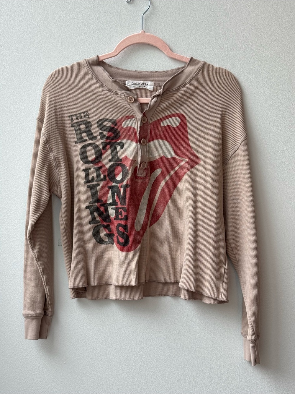 Daydreamer Beige Thermal Henley with Red Rolling Stones Logo